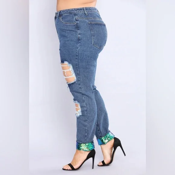 Fashion Nova Blue Distressed Skinny Jeans with Sequin Cuffs 💚🍀☘️ - Picture 3 of 7